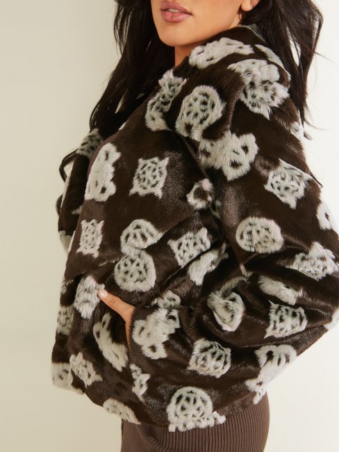 Jacquard 4g Marron Combo Maddalena Logo Fausse Fourrure Veste Guess