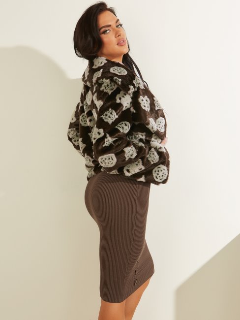 Jacquard 4g Marron Combo Maddalena Logo Fausse Fourrure Veste Guess