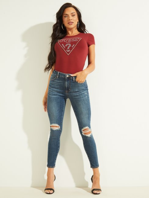 Tee Shirt Jus De Betterave Logo Strass Rouge Guess