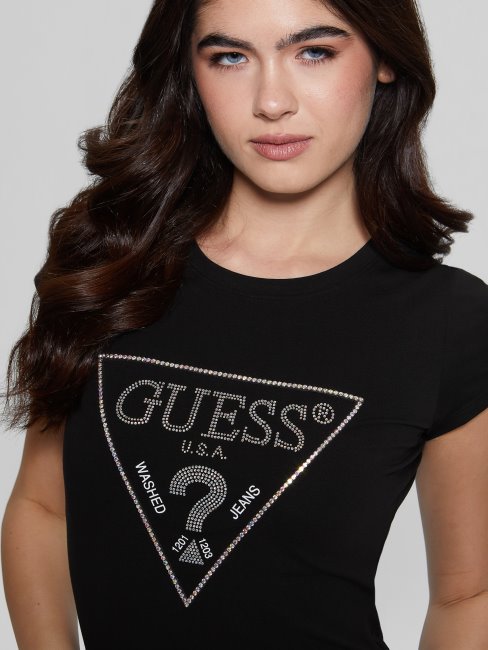Tee Shirt Guess Logo Strass Noir Jet