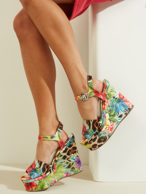 Carisa Compensées à Plateforme Fleurie Et Léopard Guess Medium Naturel