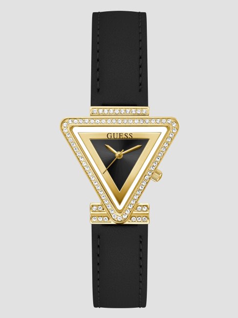 Montre Analogique Triangle Doré Et Cuir Noir Noir Guess