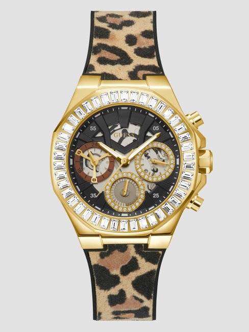 Montre Multifonction En Silicone Doré Et Animal Print Guess Multi