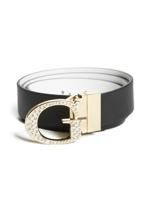 Ceinture G-buckle Réversible à Strass Délavé Noir Guess