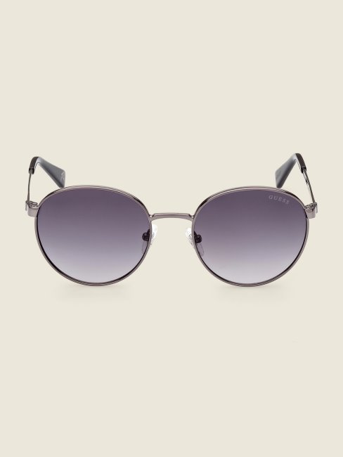 Guess Gunmtl W/blk Lthr Lunettes De Soleil Rondes En Métal