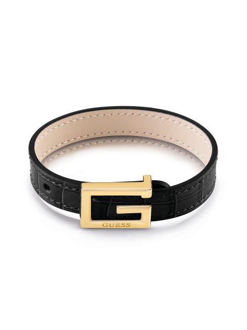 Bracelet Guess En Or Jaune/noir Avec Logo Square G Et Croco Doré