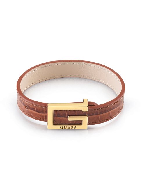Bracelet Croco Et Logo Carré Doré Guess à Imprimé Cognac