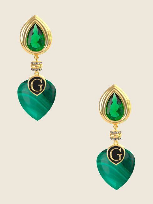 Guess Boucles D'oreilles En Forme De Larme D'émeraude Et De Malachite En Or