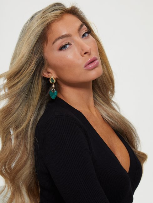 Guess Boucles D'oreilles En Forme De Larme D'émeraude Et De Malachite En Or