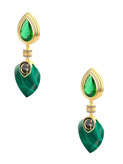 Guess Boucles D'oreilles En Forme De Larme D'émeraude Et De Malachite En Or