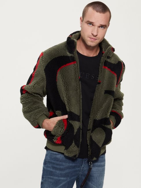 Guess Vert Veste En Peluche Logo éco Logo Allover
