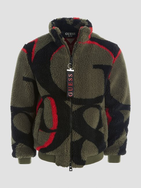 Guess Vert Veste En Peluche Logo éco Logo Allover