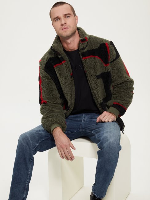 Guess Vert Veste En Peluche Logo éco Logo Allover