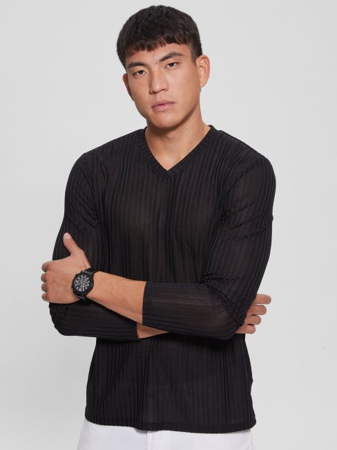 Tee-shirt En Tricot à Col En V Entrepôt Guess Noir De Jais