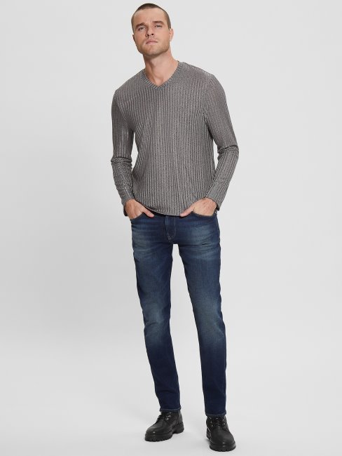 Guess Entrepôt T-shirt En Tricot à Col En V Gris Pierre Multi