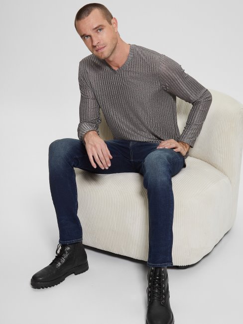 Guess Entrepôt T-shirt En Tricot à Col En V Gris Pierre Multi