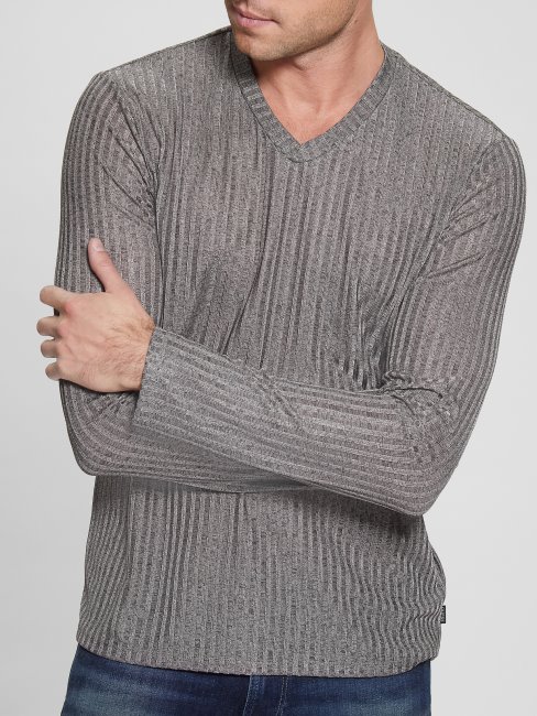 Guess Entrepôt T-shirt En Tricot à Col En V Gris Pierre Multi