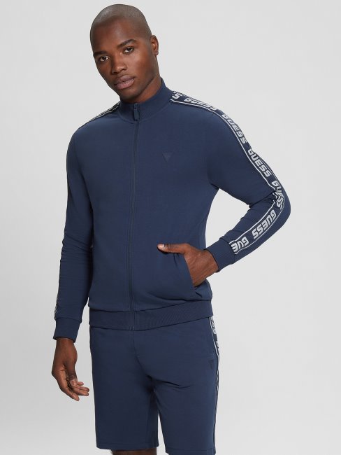 Guess Eco Arlo Logo Tape Zip Sweat Soie Bleu