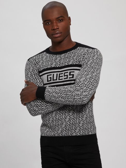 Sweat Logo Guess Allover G Gris Et B Eco Palmer Logo Jacquard