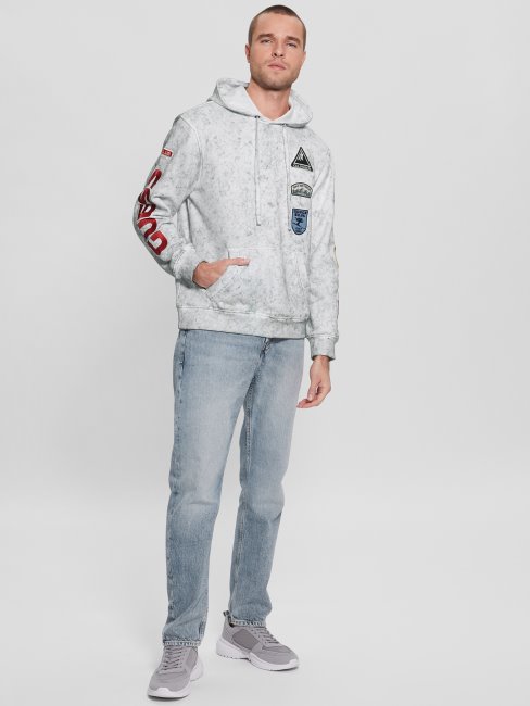 Sweat à Capuche Délavé Guess Blanc Pur à Patchs Multi Pinsons