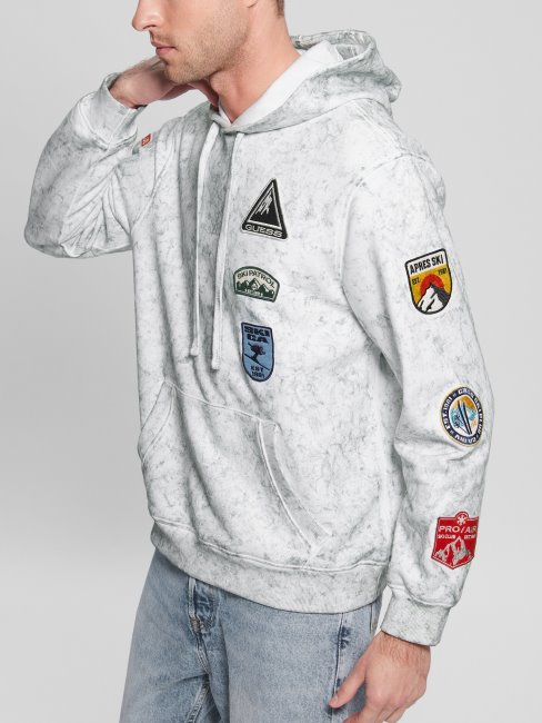 Sweat à Capuche Délavé Guess Blanc Pur à Patchs Multi Pinsons