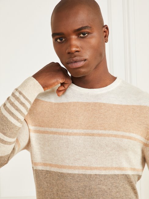 Pull à Col Rond En Cachemire Mélangé à Rayures Naturelles Guess