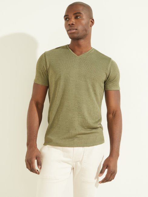 T-shirt à Col En V En Gaze Olive Poudré Guess