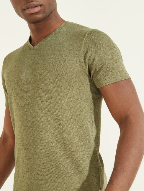 T-shirt à Col En V En Gaze Olive Poudré Guess