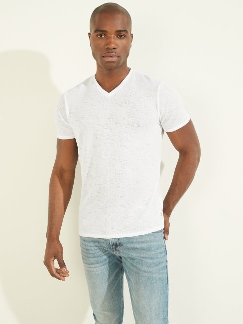 Tee Shirt Col V En Regard Guess Blanc Pur
