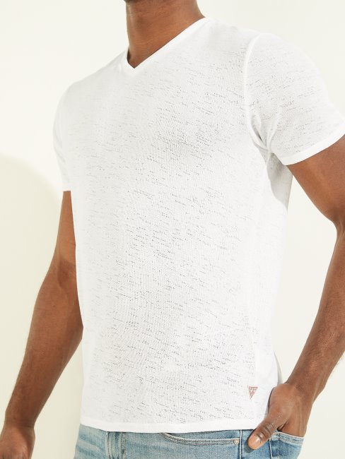 Tee Shirt Col V En Regard Guess Blanc Pur