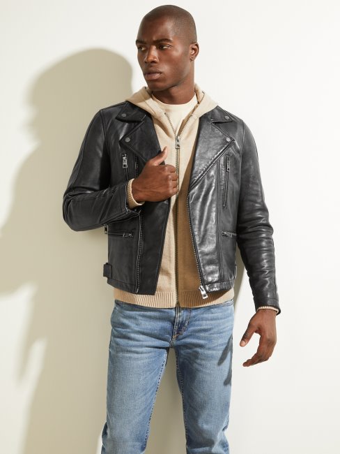 Blouson Biker Cuir Guess Noir Jet