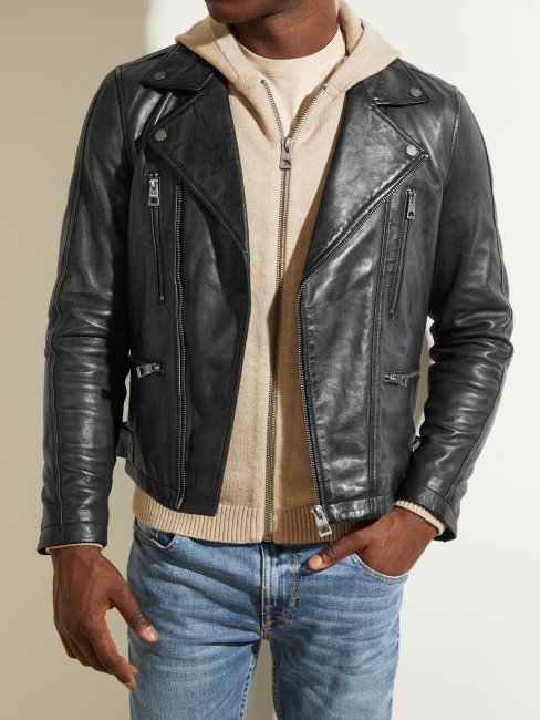 Blouson Biker Cuir Guess Noir Jet