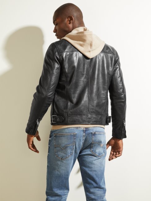 Blouson Biker Cuir Guess Noir Jet