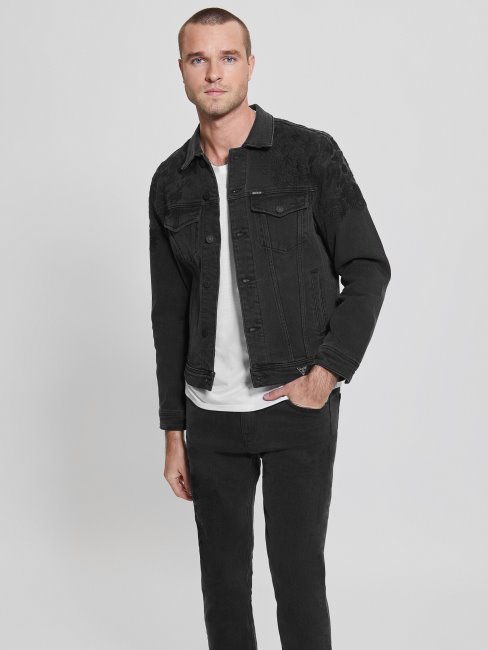 Guess Dillon Brodé Veste En Jean Noir De Jais Fleuri