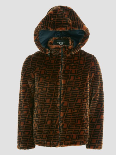 Veste à Capuche En Fausse Fourrure à Logo Jacquard Logo Moka/marron
