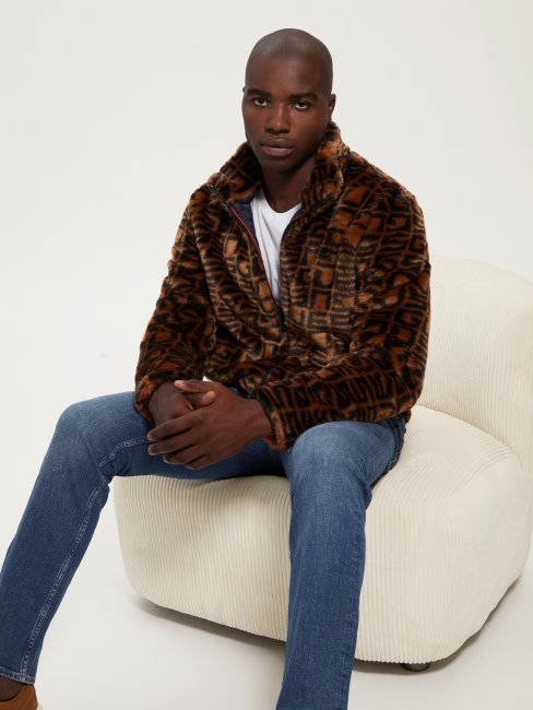 Veste à Capuche En Fausse Fourrure à Logo Jacquard Logo Moka/marron