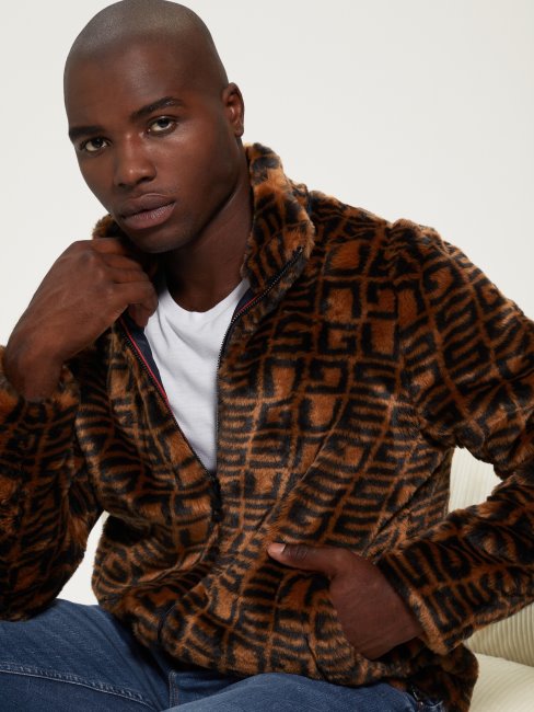 Veste à Capuche En Fausse Fourrure à Logo Jacquard Logo Moka/marron