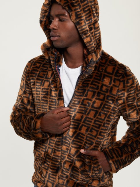 Veste à Capuche En Fausse Fourrure à Logo Jacquard Logo Moka/marron