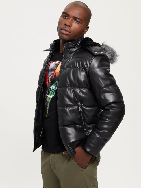 Guess Veste Matelassée En Similicuir Stretch Noir De Jais