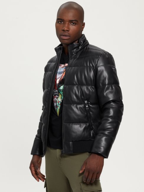 Guess Veste Matelassée En Similicuir Stretch Noir De Jais