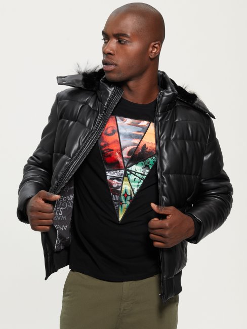 Guess Veste Matelassée En Similicuir Stretch Noir De Jais