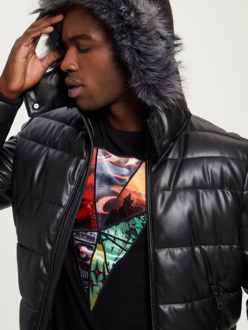 Guess Veste Matelassée En Similicuir Stretch Noir De Jais