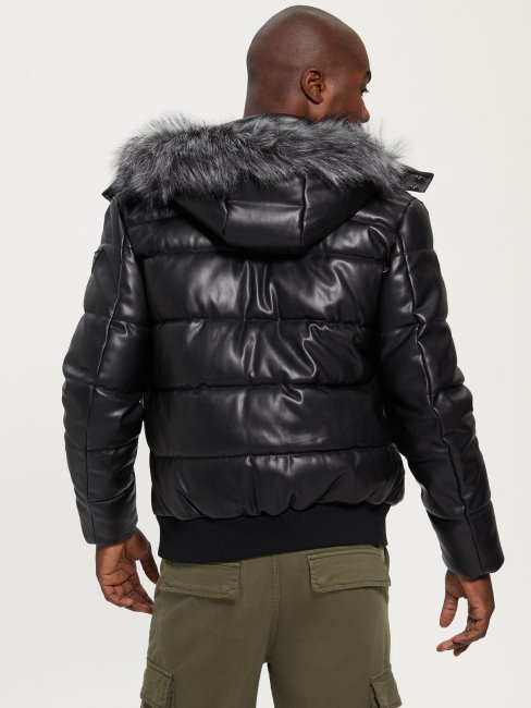 Guess Veste Matelassée En Similicuir Stretch Noir De Jais