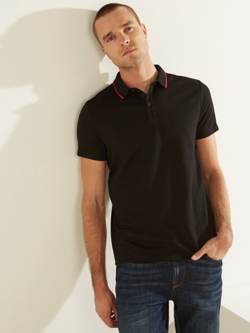 Polo Guess Noir Jet à Bande Logo Piqué