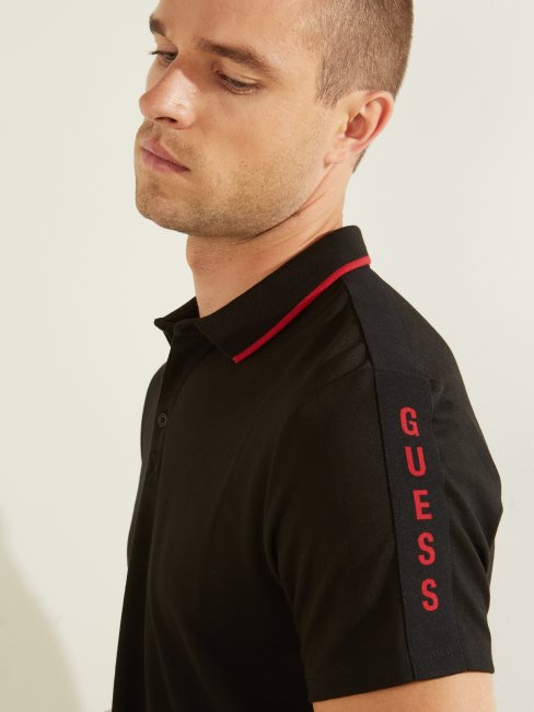 Polo Guess Noir Jet à Bande Logo Piqué