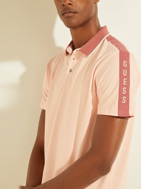 Polo Guess Rose Pâle à Bande Logo Piqué Blossom
