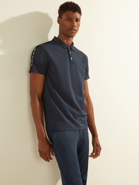 Polo Piqué Bande Logo Guess Soie Bleu