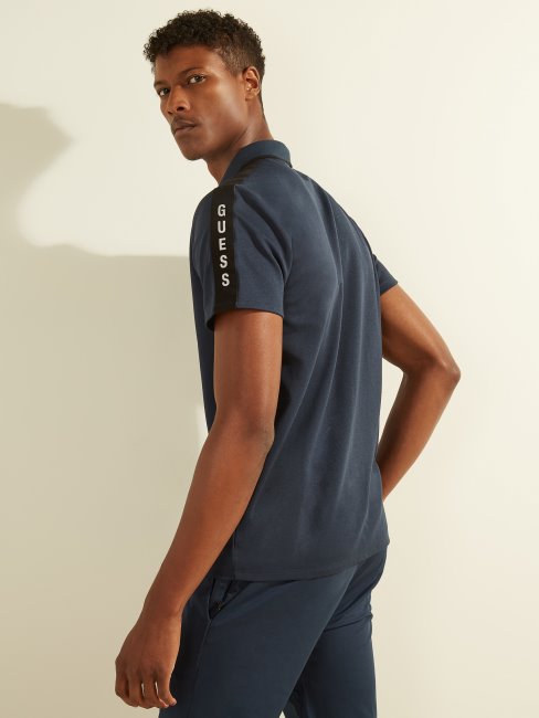 Polo Piqué Bande Logo Guess Soie Bleu