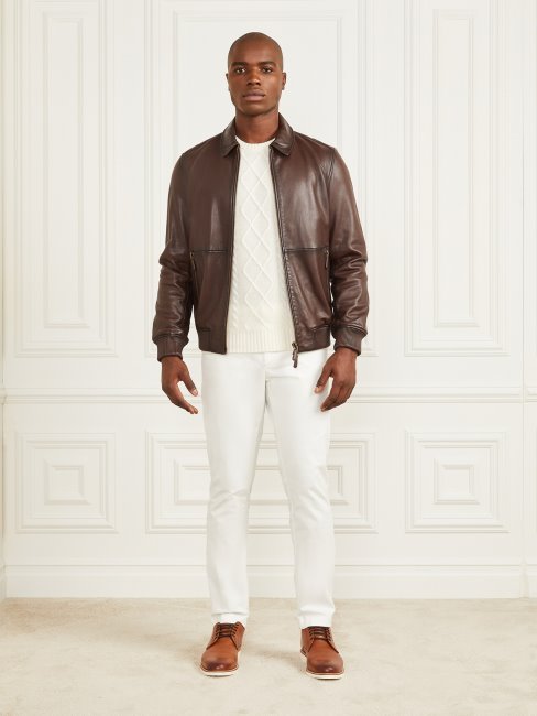 Veste En Cuir Marron Effet Vintage Bords Foncés Guess