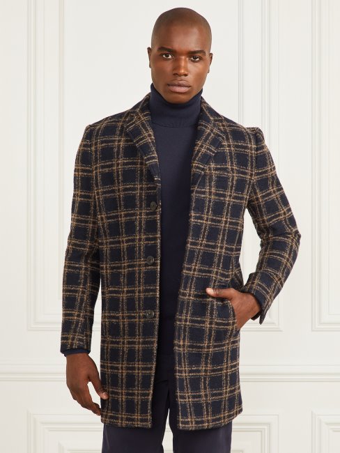 Guess Daily Manteau En Laine Mélangée à Boutonnage Simple Bleu Marron Macrocheck